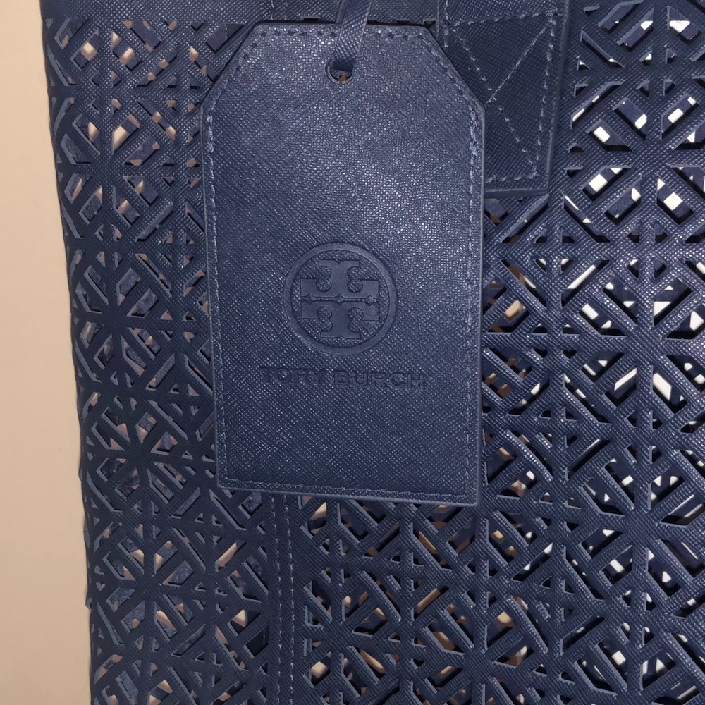 Tory Burch blue leather beach small tote.